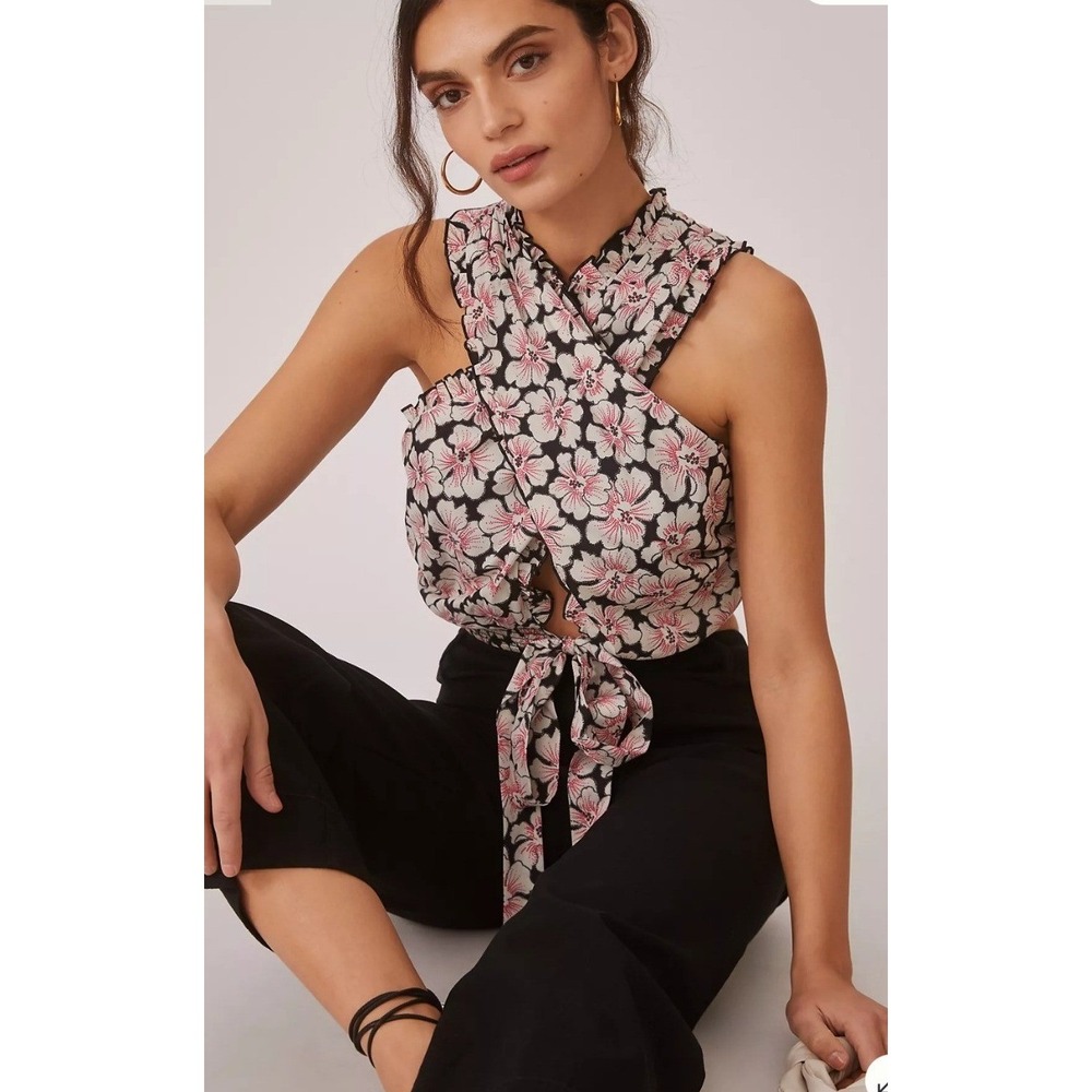 Lettucebe Floral Halter Top Womens Size S Pink Black NWT Crossover Crop Tie Back